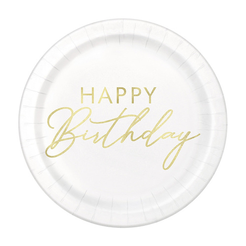 Gold Happy Birthday Foil Stamped Paper Plates 18cm 8 Pack