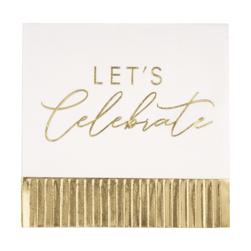 Gold "Let's Celebrate" Fringe Foil Stamped Luncheon Napkins 2ply 33cm X 33cm 16 Pack