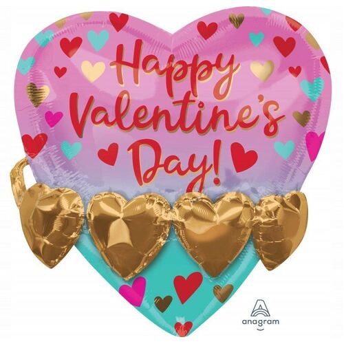 SuperShape Multi-Balloon Happy Valentine's Day & Gold Heart Garland Foil Balloon