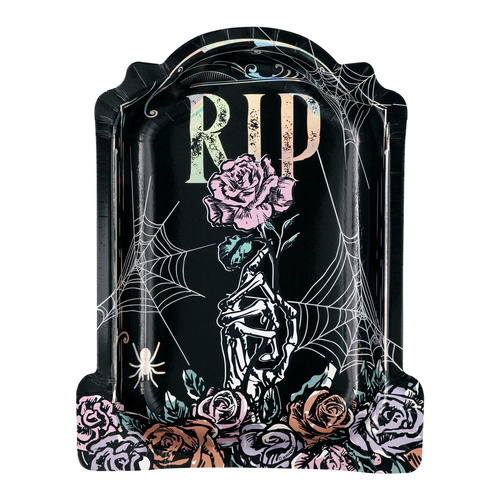 Floral Skulls Foil Stamped Tombstone Shaped Paper Plates 23cm 8 Pack 