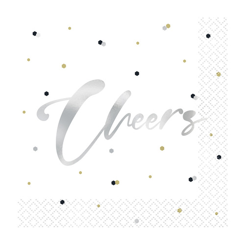 Silver Birthday Foil Stamped "Cheers" Beverage Napkins 2ply 25cm X 25cm 16 Pack