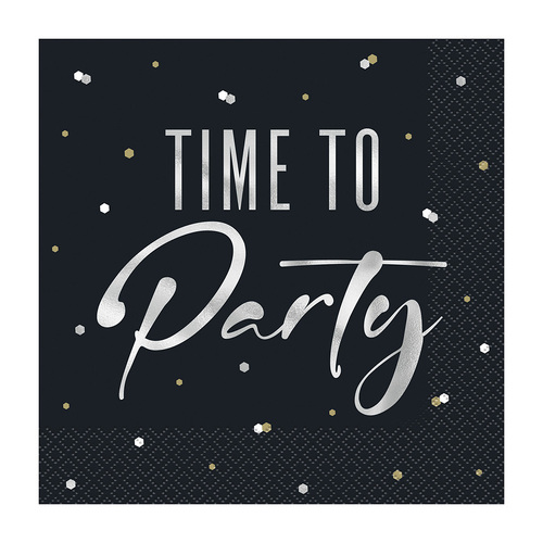 Silver Birthday Foil Stamped "Time To Party" Luncheon Napkins 2ply 33cm X 33cm 16 Pack
