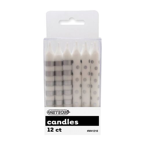 Dots & Stripes Candles Silver 12 Pack