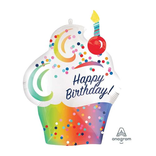 SuperShape Rainbow Ombre Cupcake Happy Birthday  Foil Balloon