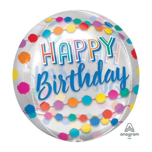 Orbz XL Happy Birthday Rainbow Puffs Clear Foil Balloon