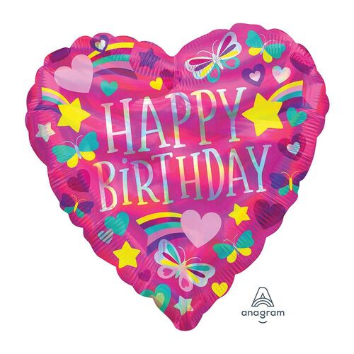 45cm Standard Holographic Iridescent Happy Birthday Rainbow Hearts Foil Balloon