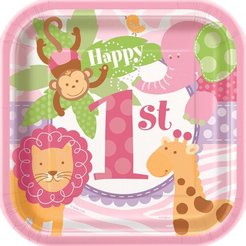 Pink Safari First Birthday Square Paper Plates 18cm 8 Pack