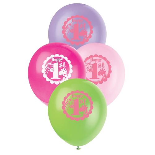 30cm Pink Safari First Birthday Printed Balloons 8 Pack