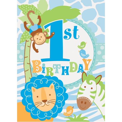 Blue Safari 1st Invitations 8 Pack