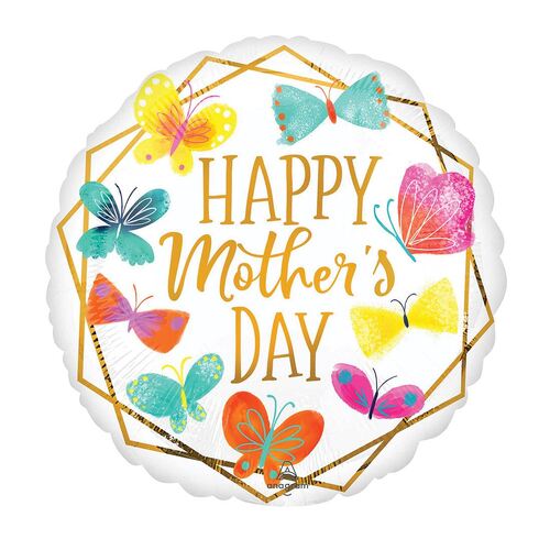 45cm Standard Happy Mother's Day Butterflies & Gold Trim Foil Balloons