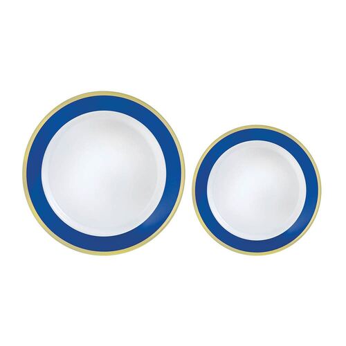 Premium Plastic Plates Hot Stamped with Bright Royal Blue Border 26cm 20 Pack