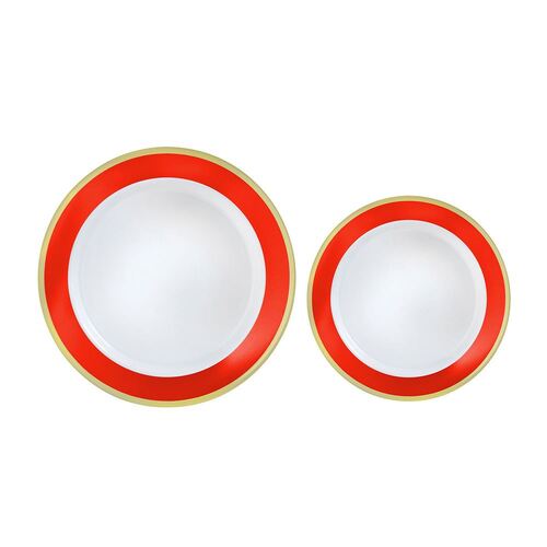 Premium Plastic Plates Hot Stamped with Apple Red Border 26cm 20 Pack