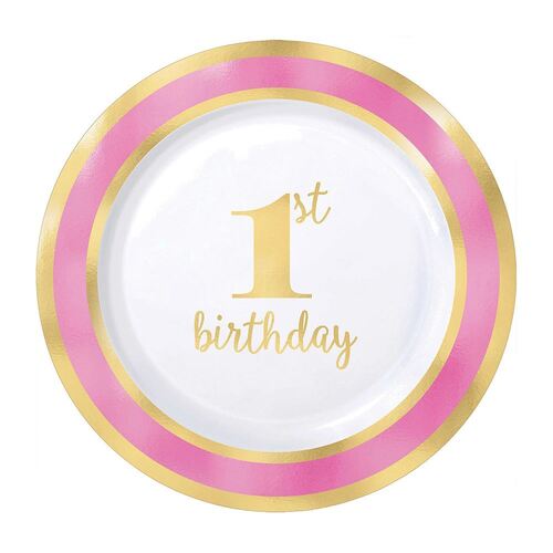 1st Birthday Pink Plates Hot Stamped 19cm 10 Pack