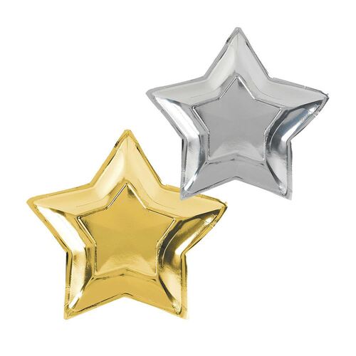 New Year's Star Shaped Gold & Silver Paper Plates Metallic 10 Pack