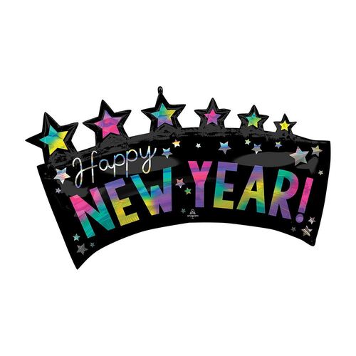 SuperShape Holographic Iridescent Happy New Year Star Banner  Foil Balloon