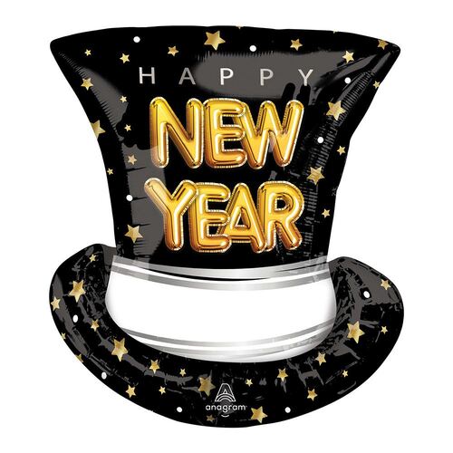SuperShape XL Happy New Year Pop Clink Cheers Top Hat Foil Balloons