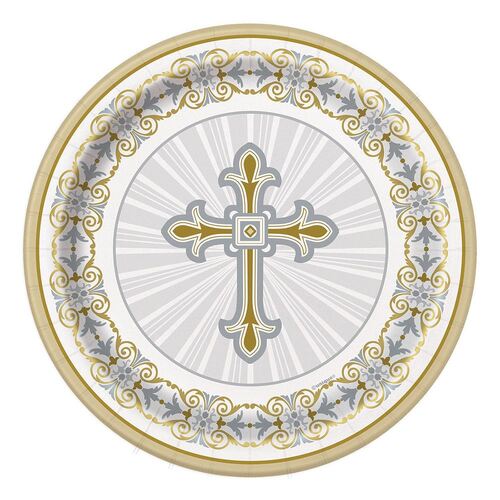 Radiant Cross Gold & Silver Paper Plates 18cm 8 Pack