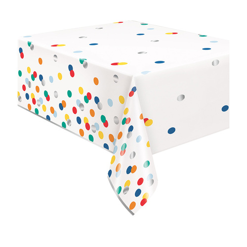 Happy Birthday Dots Printed Foil Tablecover - Compact Packaging 137cm X 213cm 