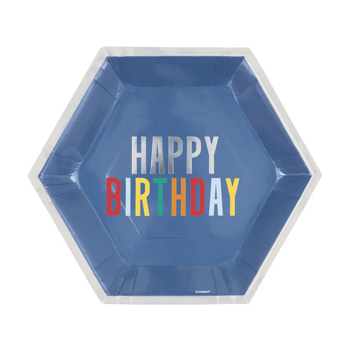 Happy Birthday Dots Foil Stamped Hexagonal Shaped Paper Plates 23cm 8 Pack