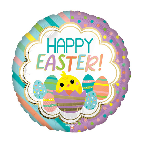 45cm Standard HX Happy Easter Chicky Stripes & Dots Foil Balloon