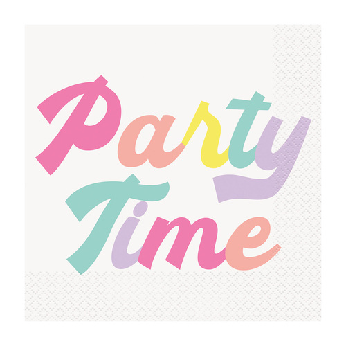 Retro Pastel Rainbow "Party Time" Luncheon Napkins 2ply 33cm X 33cm 16 Pack