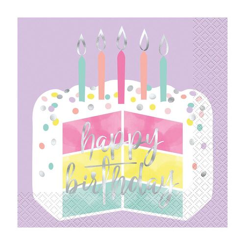 Pastel Cake "Happy Birthday" Foil Stamped Luncheon Napkins 2ply 16 Pack