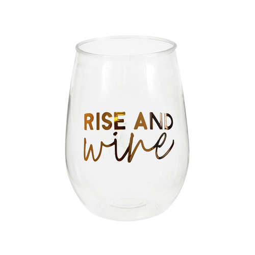 Rose Gold Foil Stamped "Rise & Wine" Plastic Stemless Wine Glass 443ml