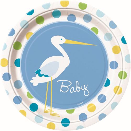 Baby Boy Stork Paper Plates 23cm 8 Pack