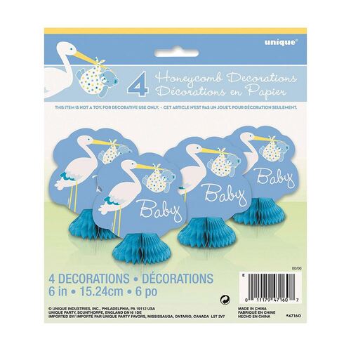 Baby Boy Stork Mini Honeycomb Decorations 4 Pack