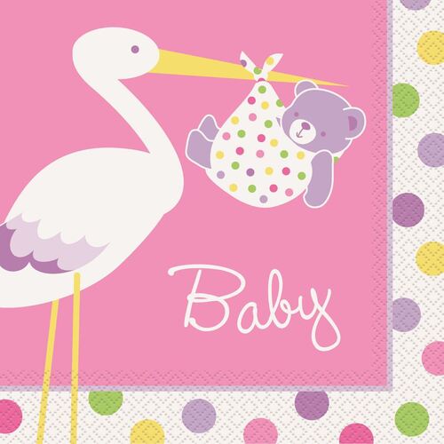 Baby Girl Stork Luncheon Napkins 2ply 16 Pack