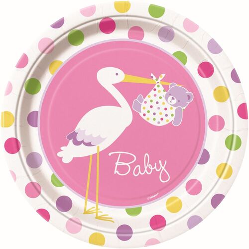 Baby Girl Stork Paper Plates 23cm 8 Pack