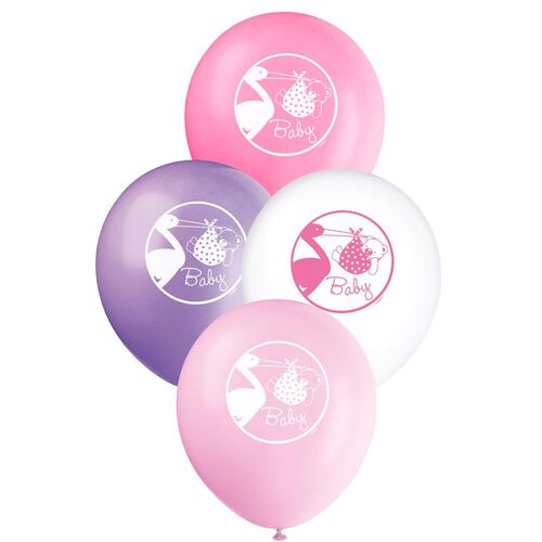 30cm Baby Girl Stork Printed   Printed Balloons 8 Pack