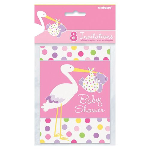 Baby Girl Stork Invitations  8 Pack