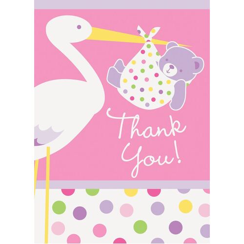 Baby Girl StorkThank You Notes 8 Pack