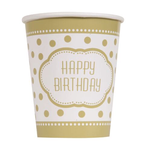 Golden Birthday Paper Cups 8 Pack 270ml