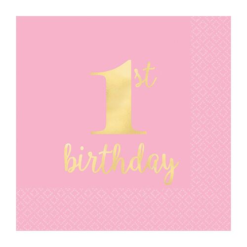 1st Birthday Pink Beverage Napkins Hot Stamped 16 Pack
