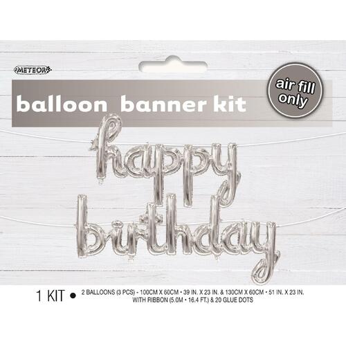 Happy Birthday Silver Balloon Banner With Ribbon