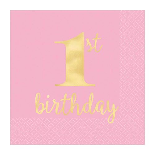 1st Birthday Pink Lunch Napkins Hot Stamped 16 Pack