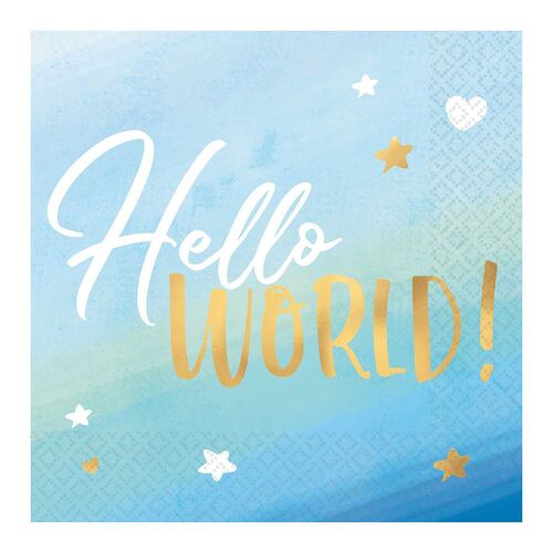 Oh Baby Boy Lunch Napkins Hello World Hot Stamped 16 Pack