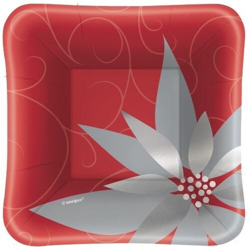 Elegant Red Christmas Foil Stamped Square Appetizer Paper Plates 13cm 8 Pack