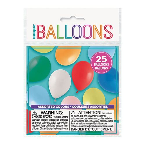 22cm Round Balloons Assorted Colours 25 Pack