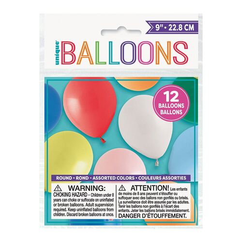 22cm Round Balloons Assorted Colours 12 Pack