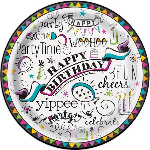 Doodle Birthday Paper Plates 23cm 8 Pack