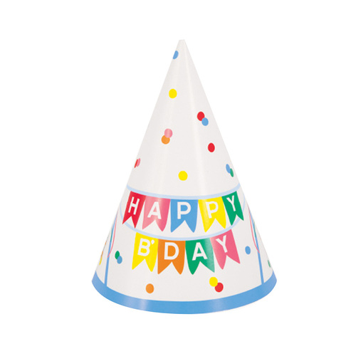 Bold Rainbow Birthday Party Hats 8 Pack