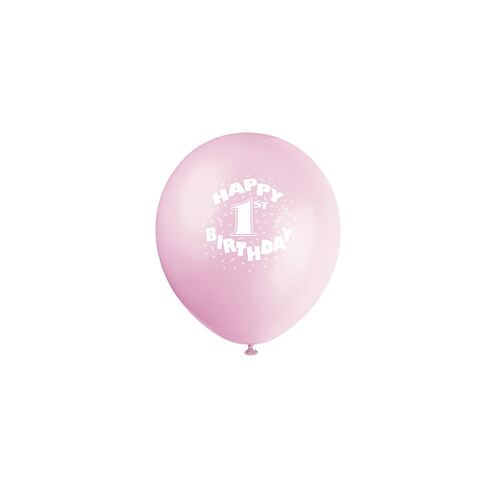 30cm 1st Birthday Pink Balloons  Printed Balloons 6 Pack