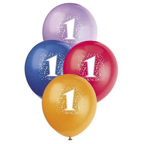 30cm No 1 - Assorted Colours Printed Balloons 6 Pack