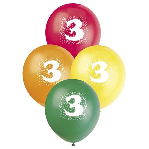 30cm No 3 - Assorted Colours Printed Balloons 6 Pack