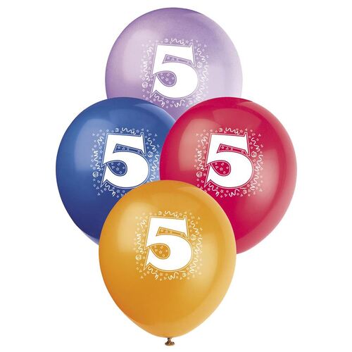 30cm No 5 - Assorted Colours Printed Balloons 6 Pack