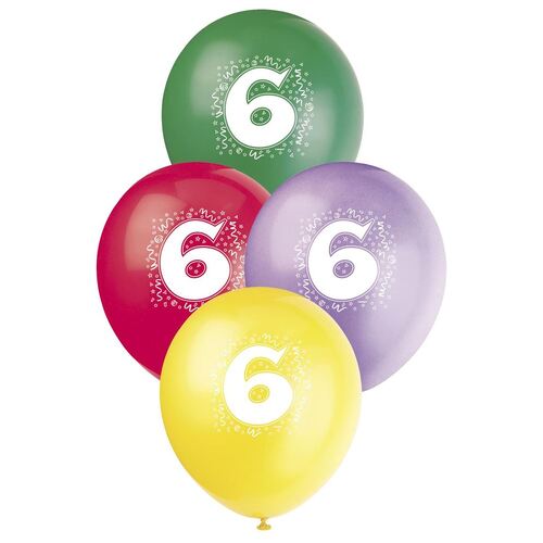 30cm No 6 - Assorted Colours Printed Balloons 6 Pack