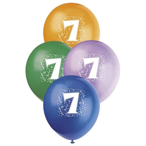 30cm No 7 - Assorted Colours Printed Balloons 6 Pack